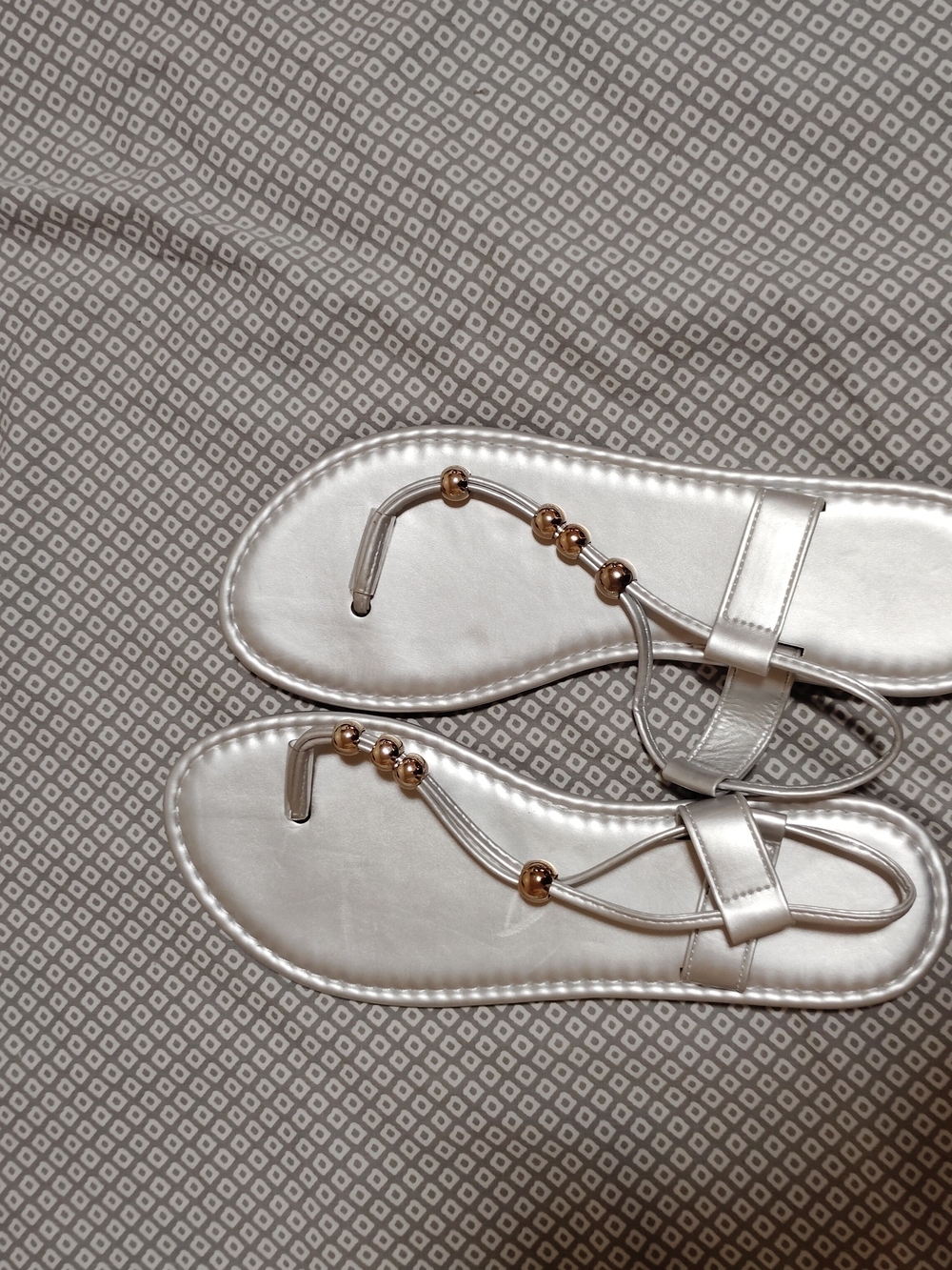 Metallic Silver Beaded T-Strap Women's Sandals